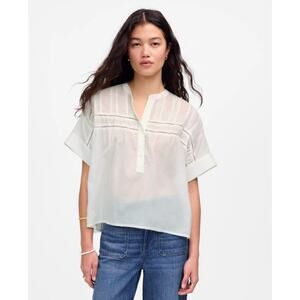 Madewell Lace-Inset Pintucked Henley Top M White Cuffed Short Sleeve Semi Sheer